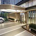 Modern Building Entrance Gate with Curved Canopy Glass Curtain Wall and Green Plants