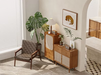 Wooden Decorative Cabinet In Living Room With Chair Plant Table Lamp And Framed Art 3d model