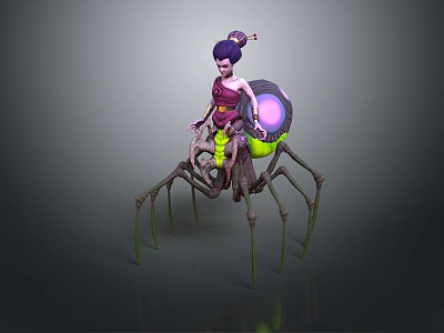 Purple Haired Character Riding On Spider Like Creature With Green Legs And Glowing Purple Back 3d model