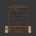 Traditional Wooden Display Shelf With Ornate Carved Top Multiple Shelves Crossbar Support And Bottom Drawers