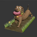 Brown Dachshund Holding Pink Donut With Red Collar On Path Green Grass And Yellow Flowers
