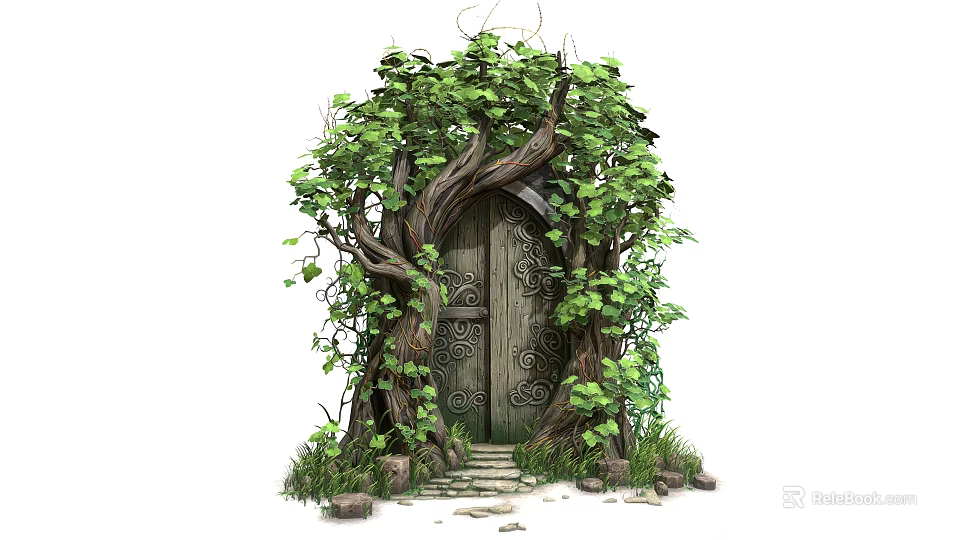 Enchanted Wooden Door Surrounded By Tree Roots Green Vines And Stone Steps 3d model 