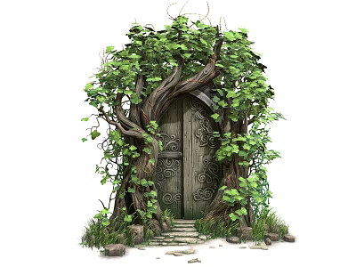Enchanted Wooden Door Surrounded By Tree Roots Green Vines And Stone Steps 3d model