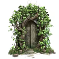 Enchanted Wooden Door Surrounded By Tree Roots Green Vines And Stone Steps