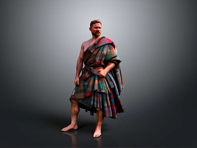 Man Wearing Traditional Scottish Plaid Kilt Standing Barefoot on Gray Background 3d model