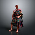 Man Wearing Traditional Scottish Plaid Kilt Standing Barefoot on Gray Background