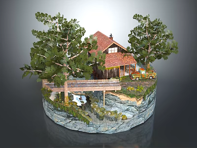 Cartoon Scene Featuring Cozy Cabin Tall Trees Wooden Bridge Stream And Yellow Car 3d model