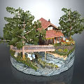 Cartoon Scene Featuring Cozy Cabin Tall Trees Wooden Bridge Stream And Yellow Car