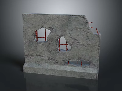 Damaged Concrete Wall With Multiple Holes And Exposed Steel Bars Structure Scene 3d model