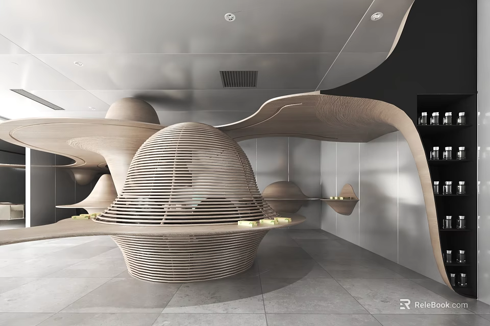 Modern Interior Space With Curved Wooden Structures Gray Floor And Display Shelves 3d model 