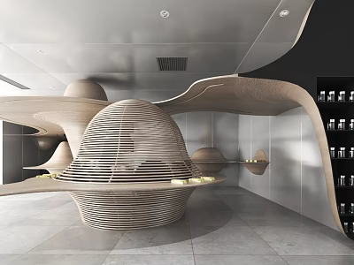Modern Interior Space With Curved Wooden Structures Gray Floor And Display Shelves 3d model