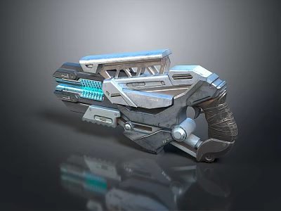 Futuristic Sci-Fi Weapon With Metallic Structure Blue Glowing Accents Reflective Surface And Mechanical Grip 3d model