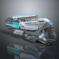 Futuristic Sci-Fi Weapon With Metallic Structure Blue Glowing Accents Reflective Surface And Mechanical Grip