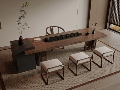Modern Wooden Tea Table with Stools Chair and Tea Set in Zen Inspired Interior 3d model