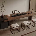 Modern Wooden Tea Table with Stools Chair and Tea Set in Zen Inspired Interior