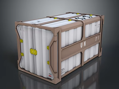 UN Labeled Liquid Transport Container With Brown Frame White Sections And Yellow Latches 3d model