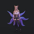 Female fox eared character with purple tails wearing white top black shorts and black thigh high socks