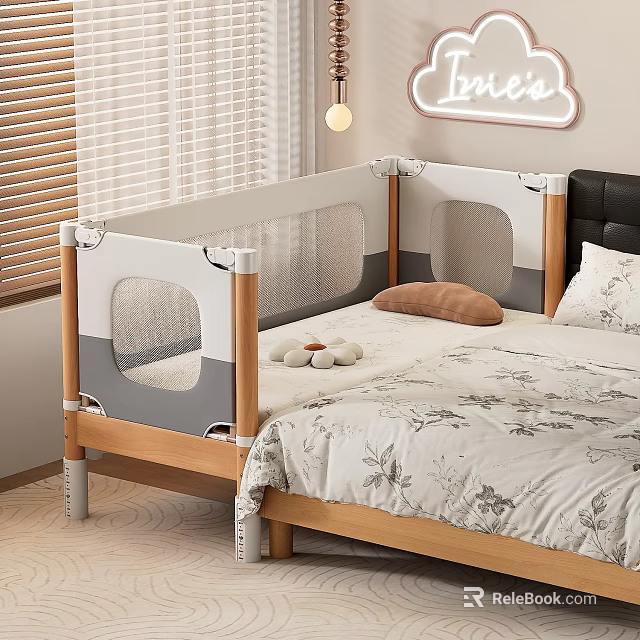 Children's Safety Bed with Wooden Rail White Gray Design Soft Mattress and Pillow 3d model 