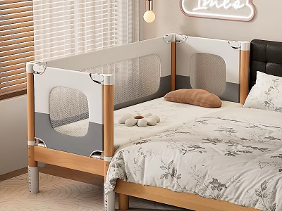 Children's Safety Bed with Wooden Rail White Gray Design Soft Mattress and Pillow 3d model