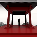 Art Installation Of Chinese Pavilion With Red Platform Carpet And Ink Painting Mountains