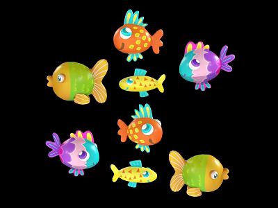 Colorful Cartoon Fish With Various Colors And Playful Designs On Black Background 3d model