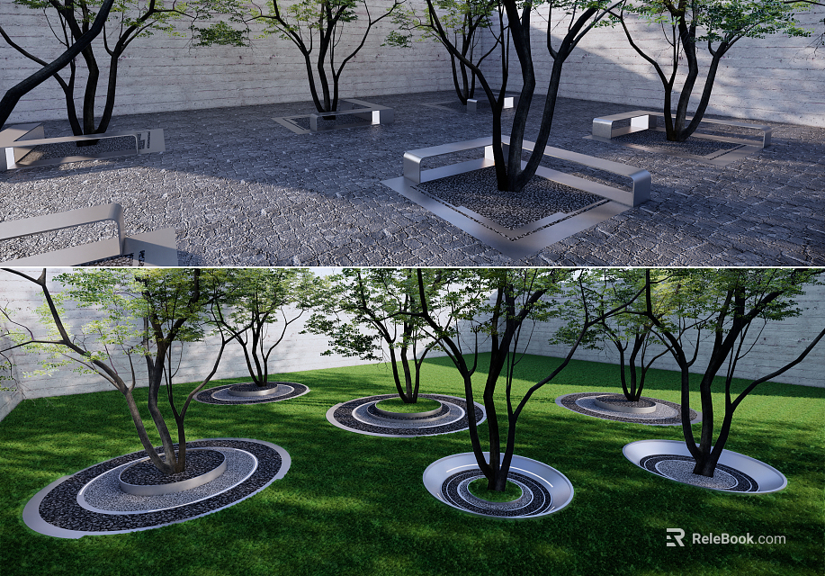 Modern Tree Pit Landscape Design With Trees Grass Gravel Surface And Benches 3d model 