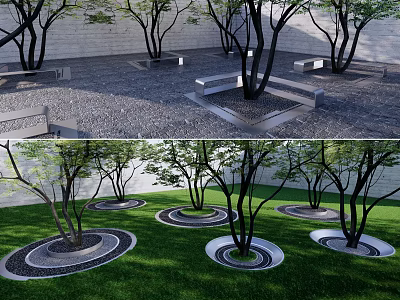 Modern Tree Pit Landscape Design With Trees Grass Gravel Surface And Benches 3d model
