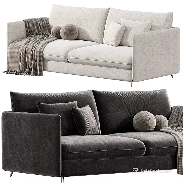 Comfortable Sectional Sofa In Living Room With Plush Pillows Knitted Blanket And Decorative Balls 3d model 