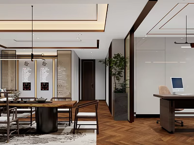 Modern Office Interior With Wooden Floor Desk Chair Green Plant And Decorative Paintings 3d model