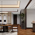 Modern Office Interior With Wooden Floor Desk Chair Green Plant And Decorative Paintings