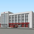 Modern Fire Station Building With Red Garage Doors Fire Trucks And Front Plaza