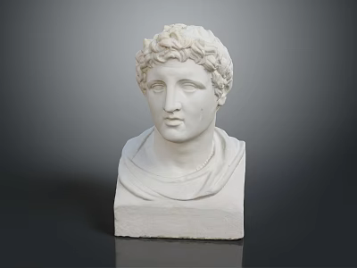 Classical White Marble Bust Statue With Curly Hair Head Shoulder Drapery And Square Base 3d model