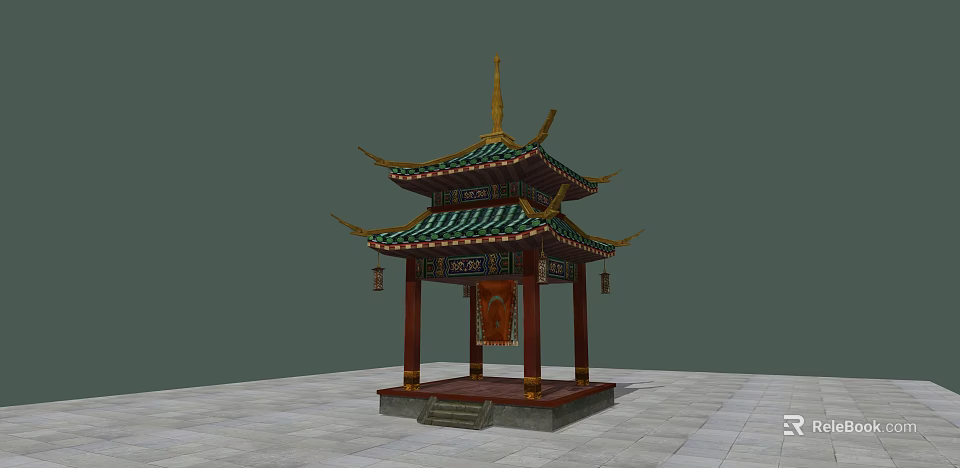 Traditional Chinese Landscape Pavilion With Two Tiered Green Tiled Roof And Red Pillars 3d model 