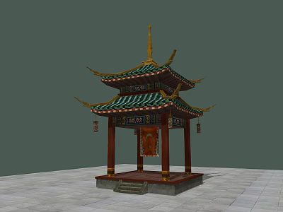 Traditional Chinese Landscape Pavilion With Two Tiered Green Tiled Roof And Red Pillars 3d model