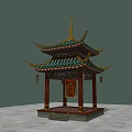 Traditional Chinese Landscape Pavilion With Two Tiered Green Tiled Roof And Red Pillars
