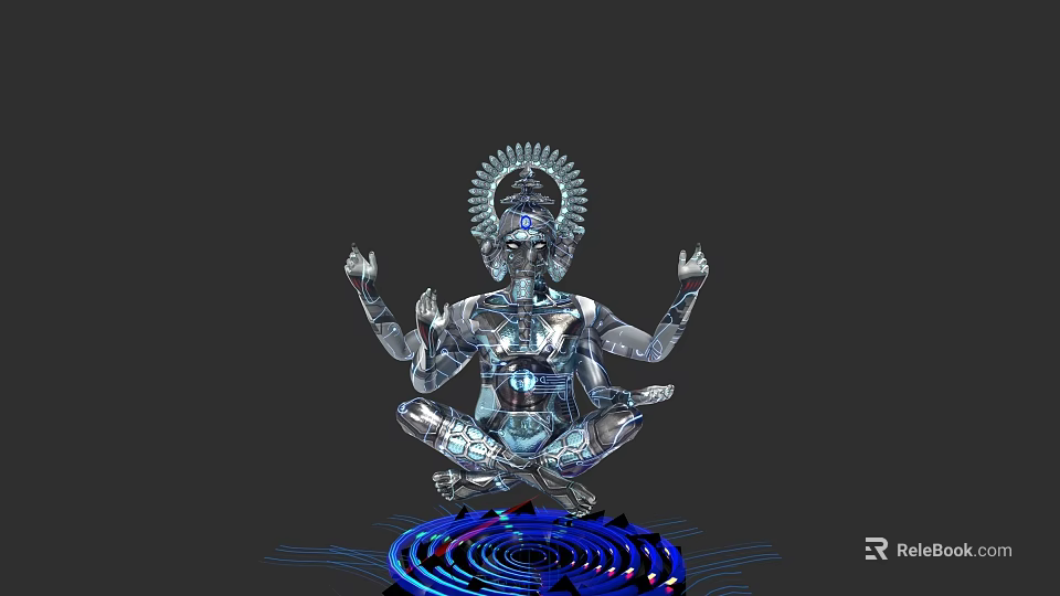 Metallic Deity Sculpture With Multiple Arms And Intricate Spiral Base Design 3d model 