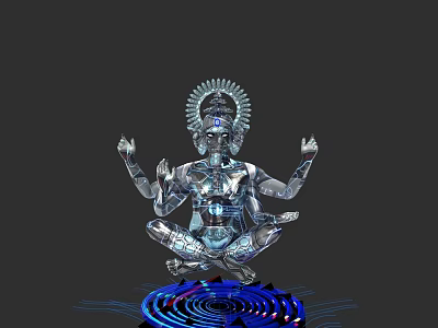 Metallic Deity Sculpture With Multiple Arms And Intricate Spiral Base Design 3d model