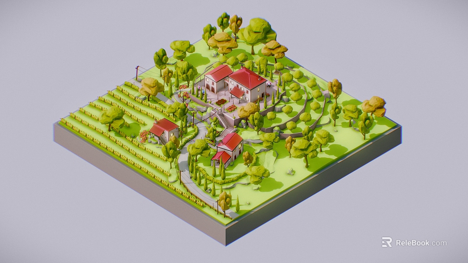 Scenic Garden Landscape With Lush Green Trees Red Roof House And Winding Path 3d model 