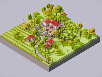Scenic Garden Landscape With Lush Green Trees Red Roof House And Winding Path 3d model