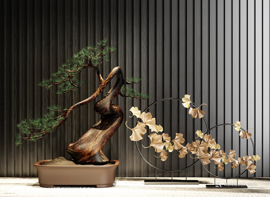 Elegant Decorative Ornament Set Featuring Pine Bonsai Metal Frame And Golden Flowers 3d model 