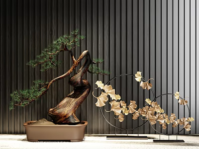 Elegant Decorative Ornament Set Featuring Pine Bonsai Metal Frame And Golden Flowers 3d model