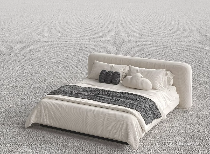 Modern Double Bed With White Headboard White Sheet Dark Blanket And Pillows 3d model 