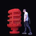Large Red Retail Merchandise Display Stack With Multiple Shelves And Man Standing Beside 3d model
