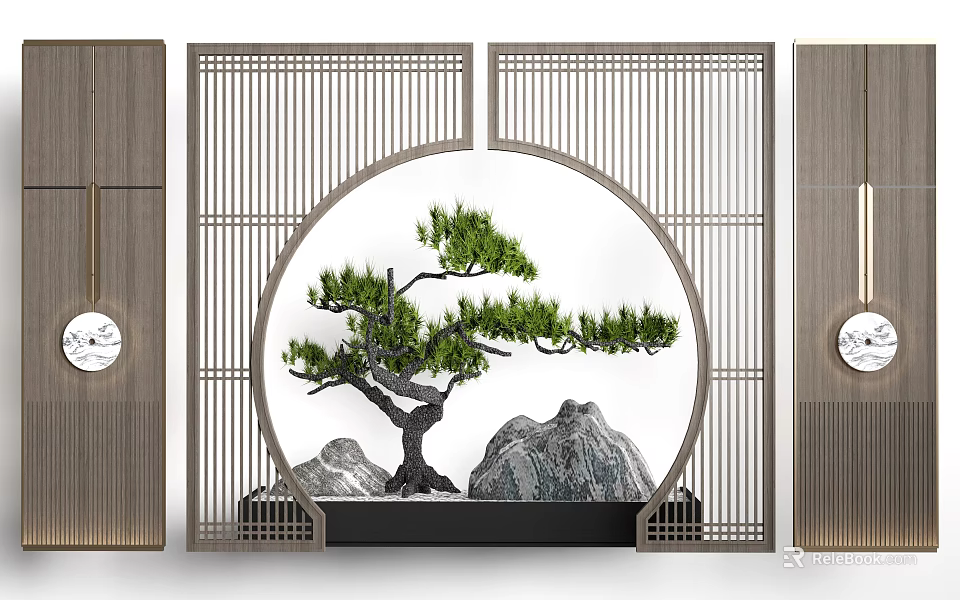 Chinese Traditional Screen With Circular Hollow Design Pine Tree And Rockery Oriental Aesthetic Decor 3d model 