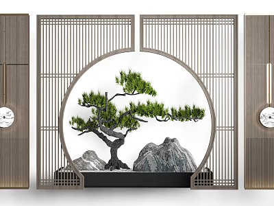 Chinese Traditional Screen With Circular Hollow Design Pine Tree And Rockery Oriental Aesthetic Decor 3d model