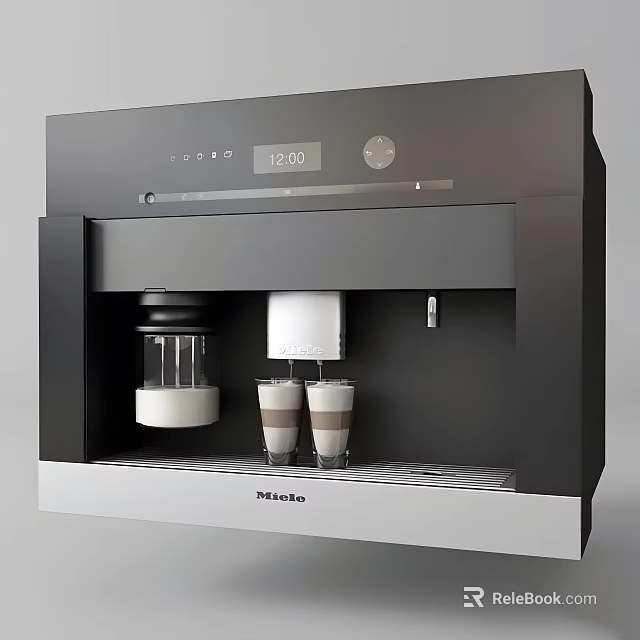 Miele Black Coffee Machine With Digital Display And Two Layered Drinks Cups In Modern Kitchen 3d model