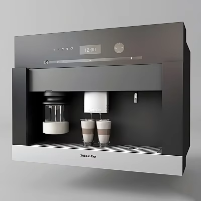 Miele Black Coffee Machine With Digital Display And Two Layered Drinks Cups In Modern Kitchen 3d model