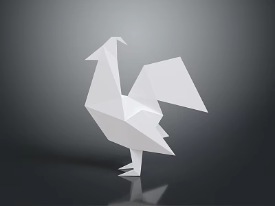 Simple White Origami Rooster Sculpture On Gray Background With Reflection 3d model