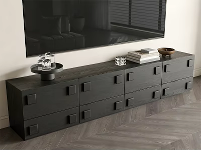 Modern Black TV Stand With Drawers Tray Books And Decorative Bowl In Living Room 3d model