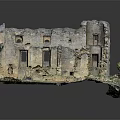 Cartoon Scene of Ruined Castle with Broken Walls Windows Green Plants and Moss